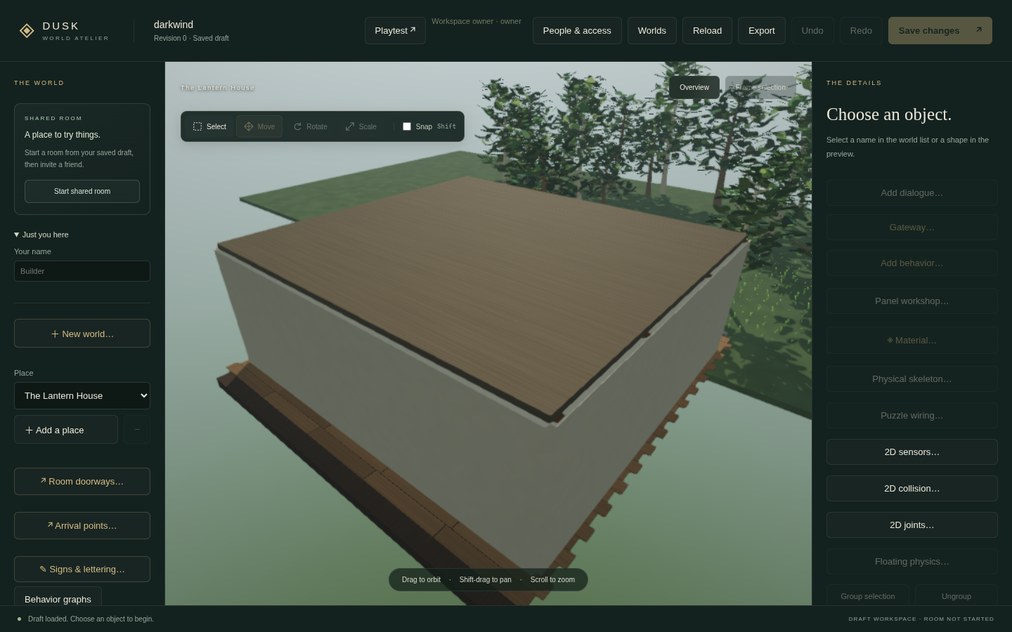 Dusk World Atelier with its scene view, object controls, and creator panels