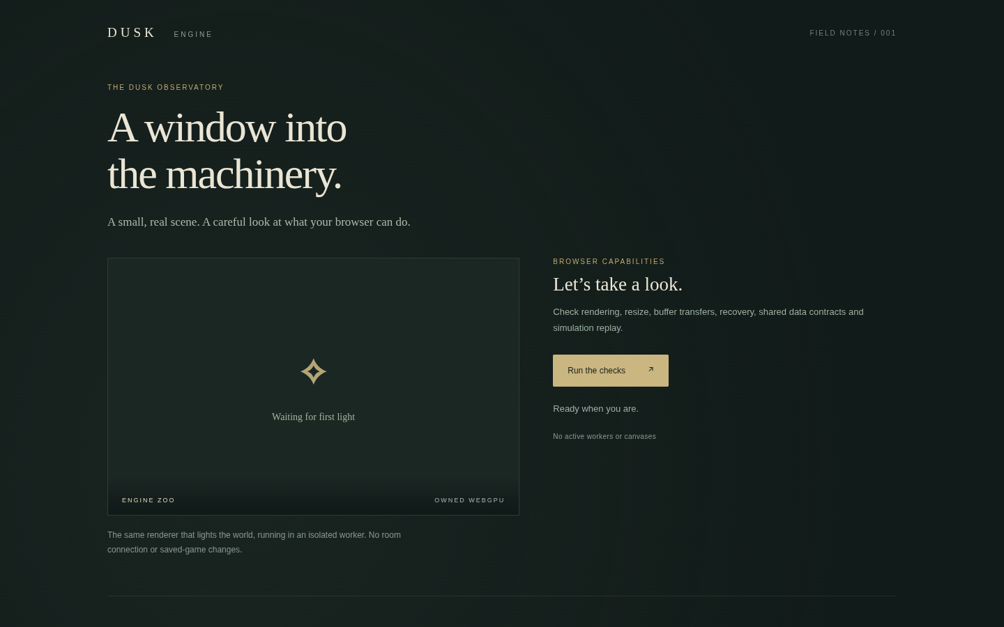 Dusk Observatory with its forest-green controls and rendering diagnostics