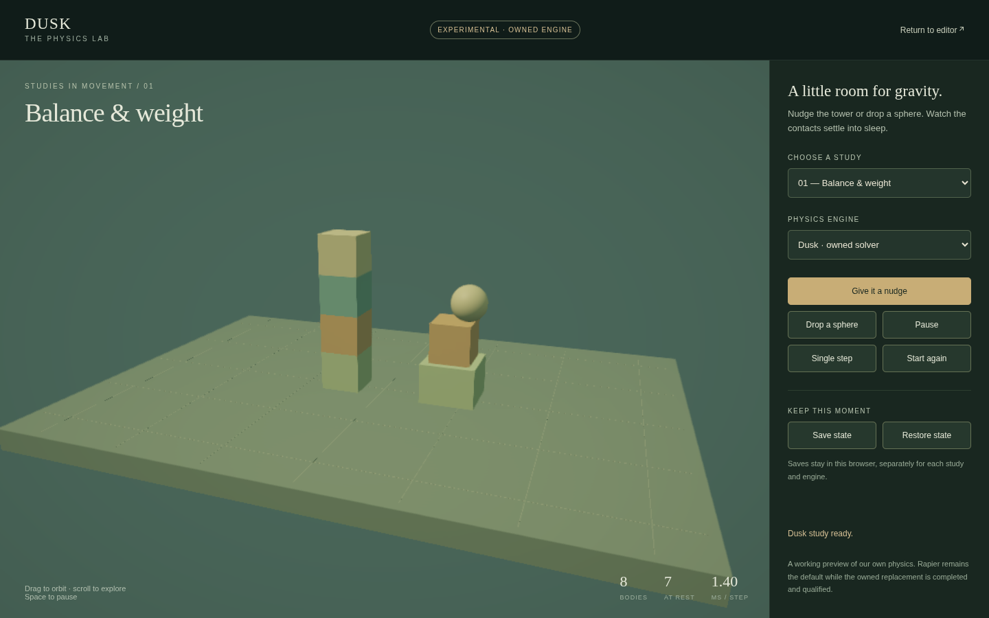 Dusk Physics Lab with simulation controls and a rendered physics scene