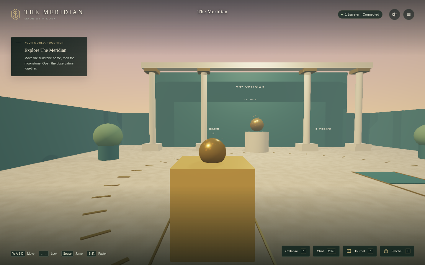 The Meridian cooperative puzzle world with its stone platforms and observatory