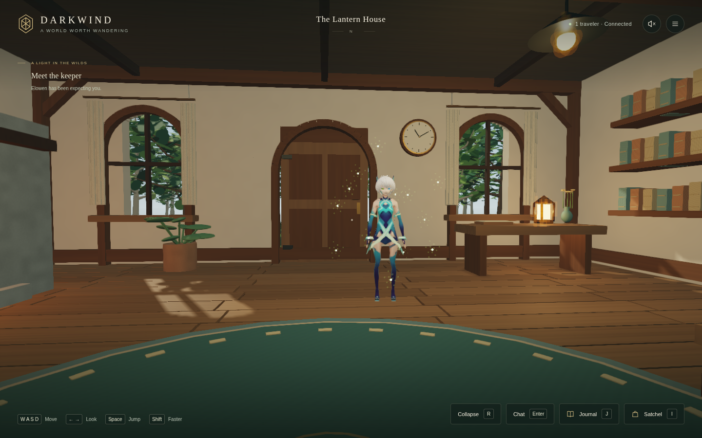 A white-haired traveler standing in the warm, furnished Lantern House