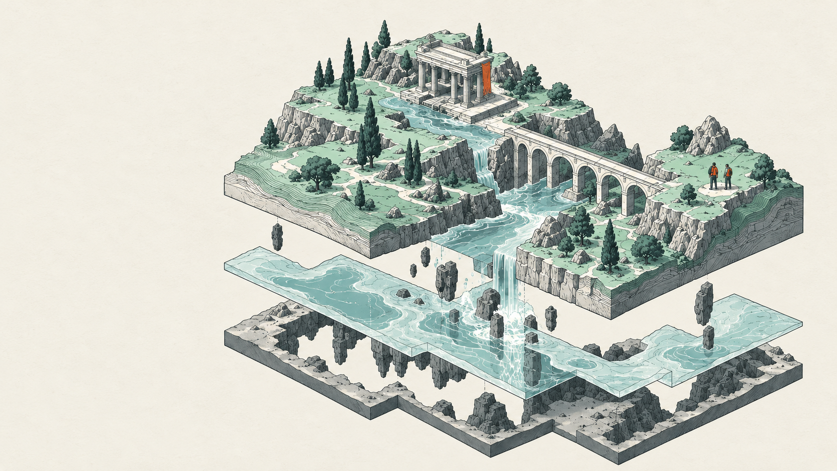 An illustrated isometric world, opened into terrain, water and rock layers